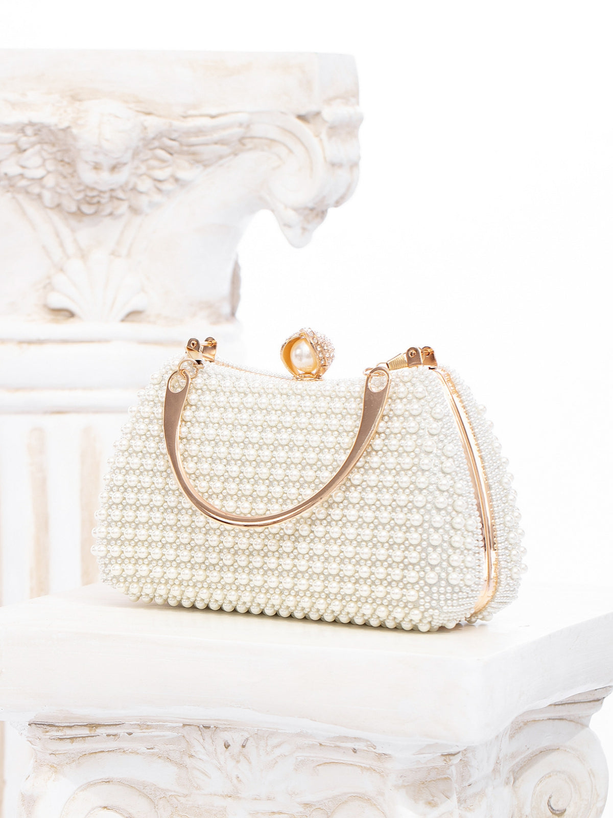 Faux Pearl Beaded Evening Clutch Bag | Gold Top Handle Bridal Wedding Purse