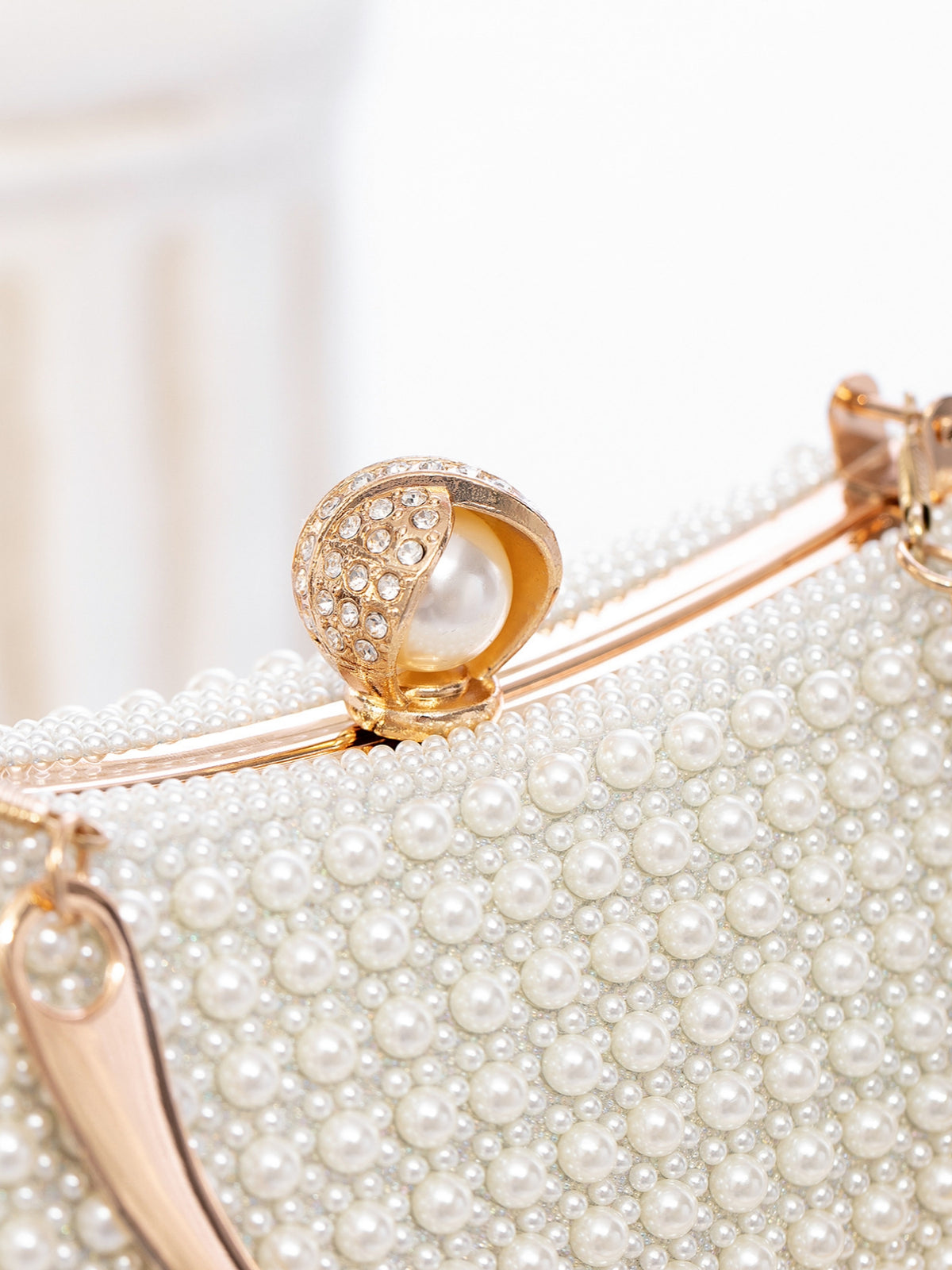 Faux Pearl Beaded Evening Clutch Bag | Gold Top Handle Bridal Wedding Purse