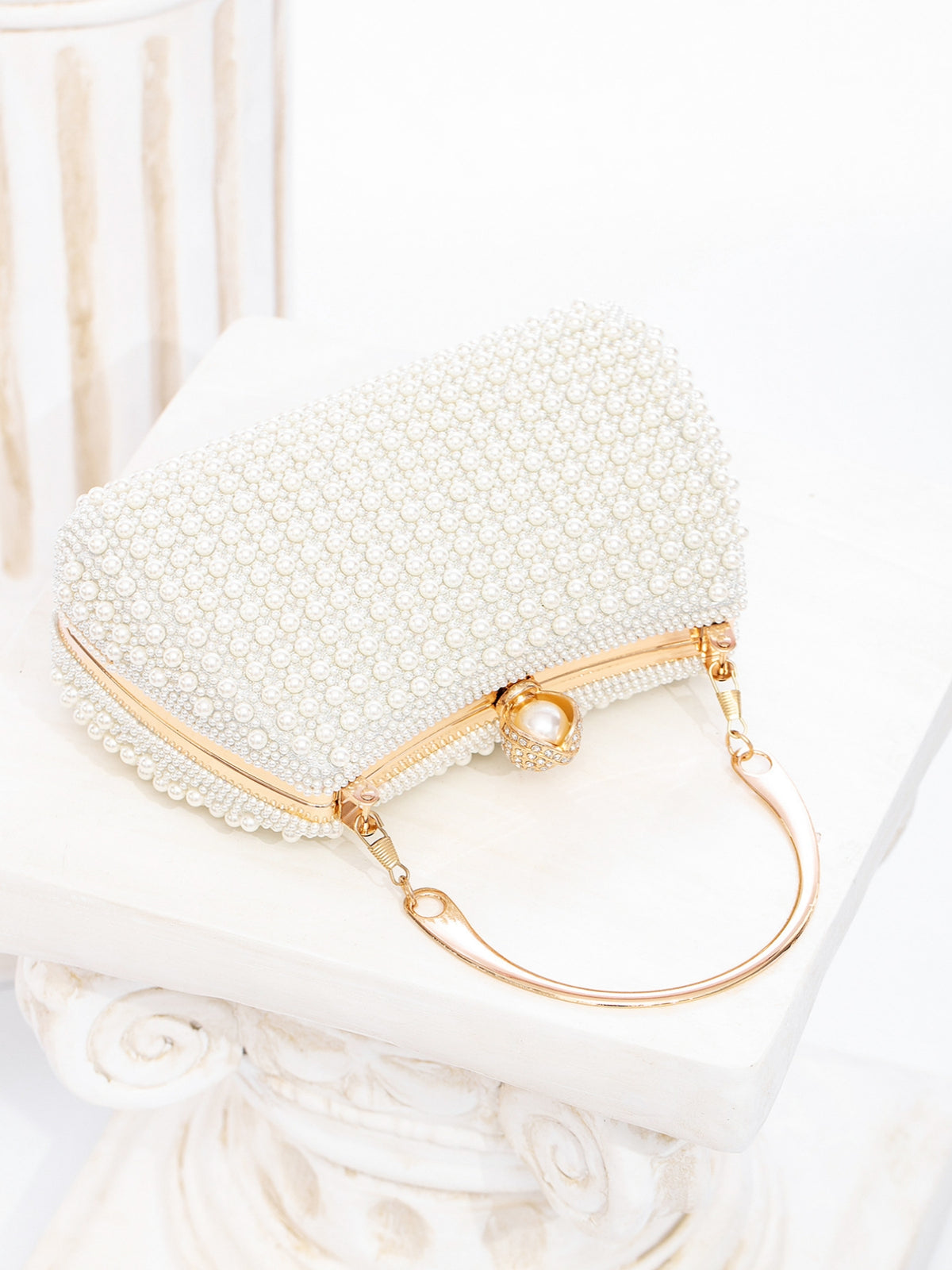 Faux Pearl Beaded Evening Clutch Bag | Gold Top Handle Bridal Wedding Purse