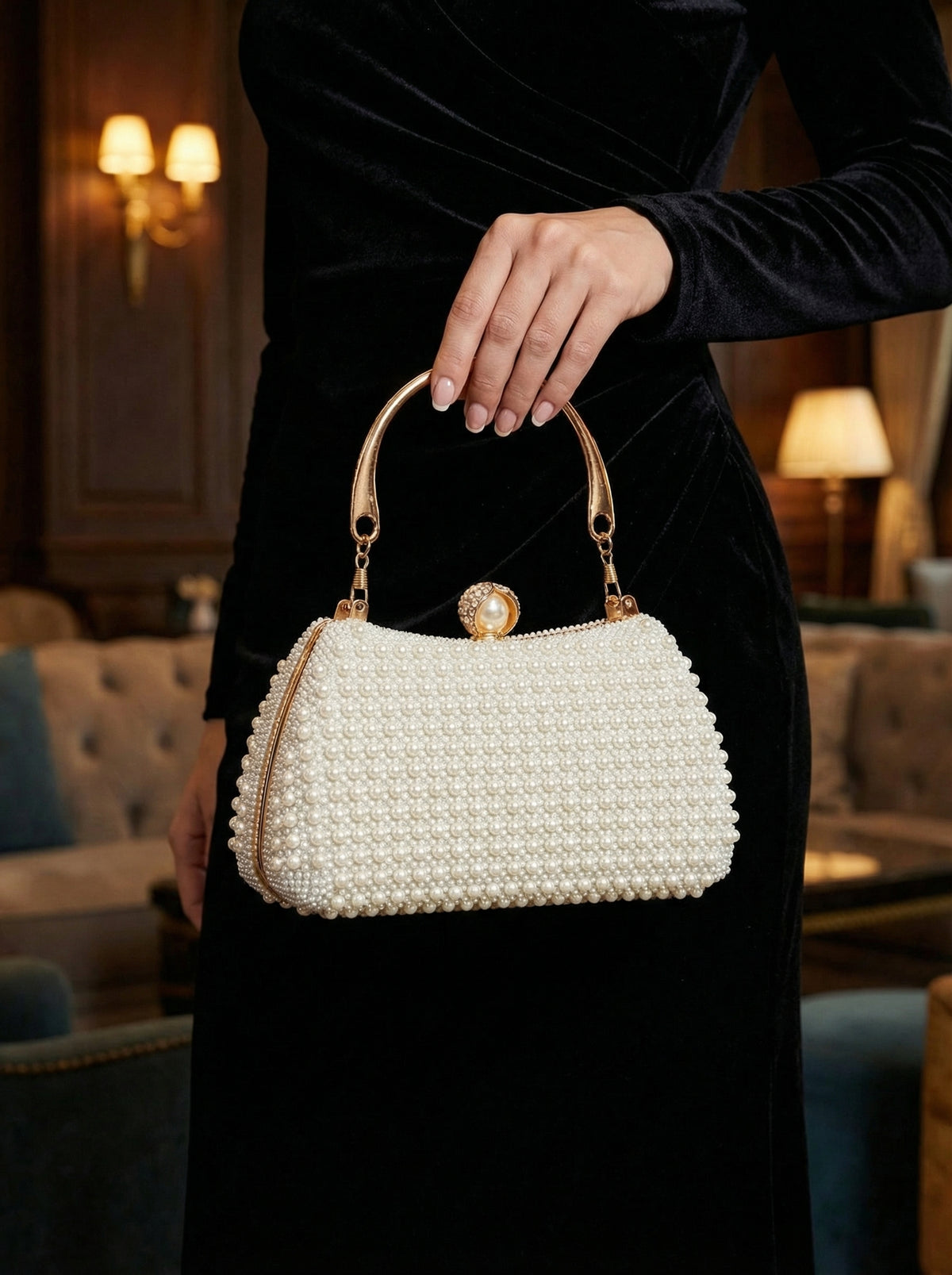 Faux Pearl Beaded Evening Clutch Bag | Gold Top Handle Bridal Wedding Purse
